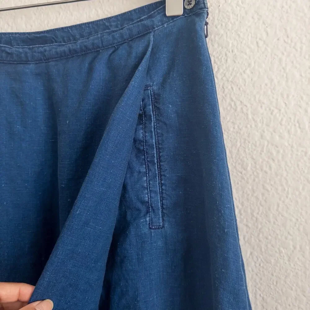 Calvin Klein CK Jeans Size 10 Blue Linen Faux Wrap Maxi Skirt Vintage